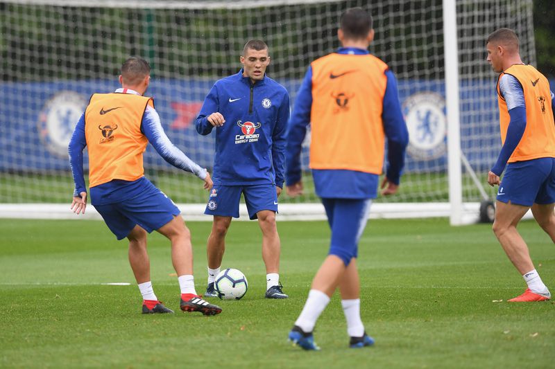 Mateo Kovacic in midfield drills with new Chelsea midfield teammates