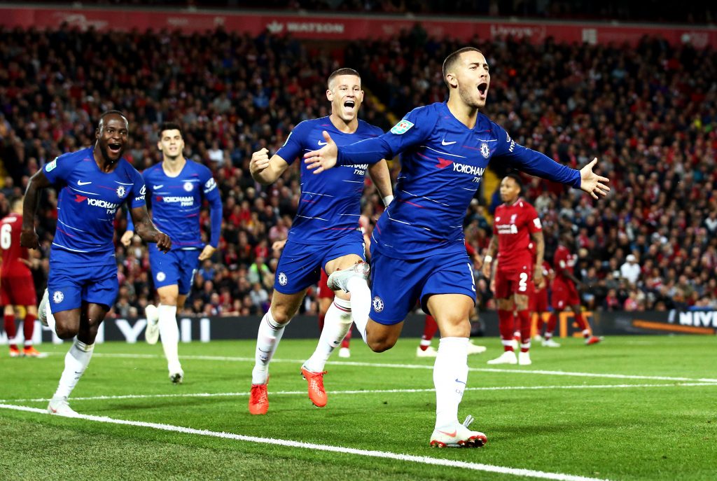 Eden Hazard stunned Anfield with an unreal solo goal. (Photo: Getty)